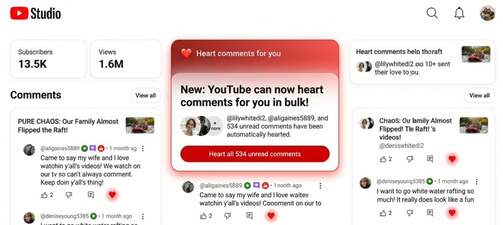 Youtube lets you heart comments at once